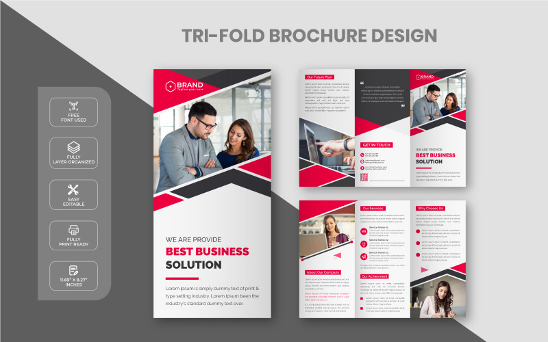 Modello di progettazione brochure a tre ante per affari aziendali di colore rosso