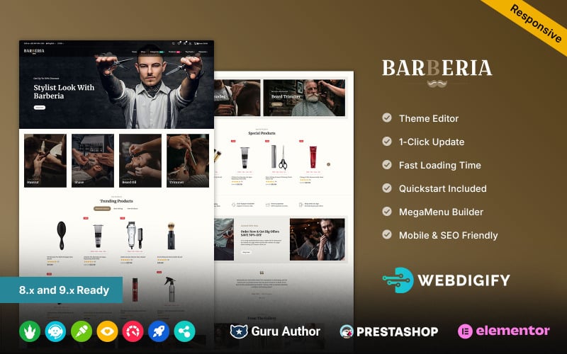 Barberia - Salon de coiffure et barbier - Boutique Prestashop Elementor polyvalente et responsive