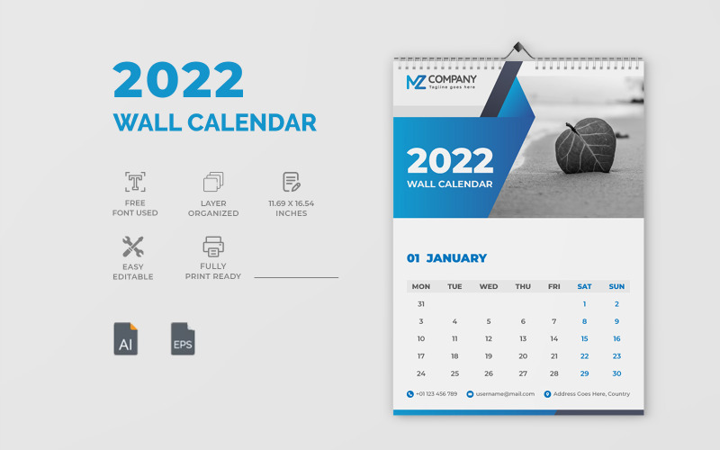 Conception de calendrier mural bleu 2022