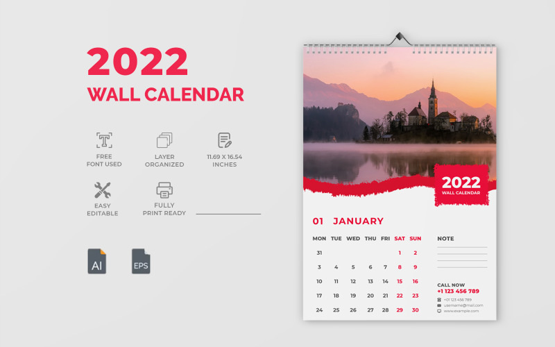 Conception de calendrier mural moderne rouge 2022