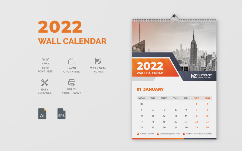 Free 2022 Wall Calendar By Mail Orange 2022 Wall Calendar Design #220568 - Templatemonster