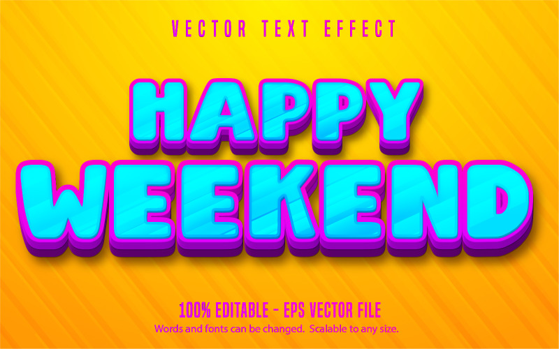 Boldog hétvégét – szerkeszthető szöveghatás, lila színű rajzfilm betűtípus, grafikus illusztráció