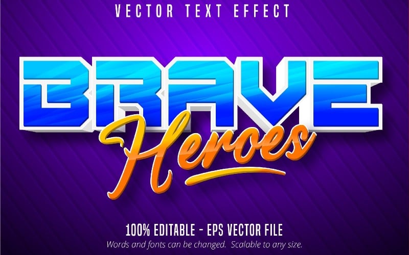 Brave Heroes – Szerkeszthető szövegeffektus, rajzfilmszöveg és betűstílus, grafikai illusztrációk