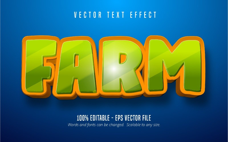 Ферма - редактируемый текстовый эффект, мультяшный стиль зеленого и коричневого цвета, графическая иллюстрация