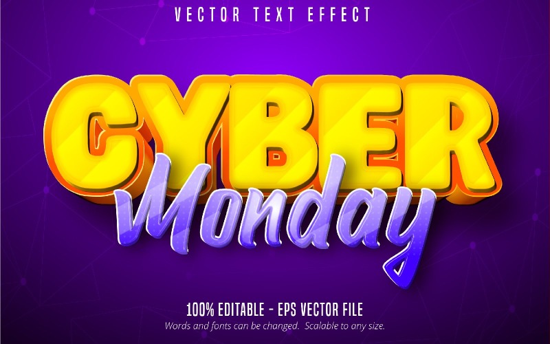 Kybernetické pondělí - upravitelný textový efekt, žlutý a fialový kreslený styl textu, grafická ilustrace
