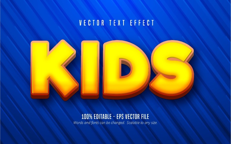 Niños: efecto de texto editable, estilo de texto de dibujos animados de color amarillo, ilustración gráfica