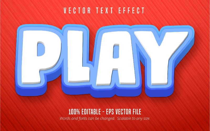 Play - Upravitelný textový efekt, modrá a bílá barva kreslený styl textu, grafické ilustrace