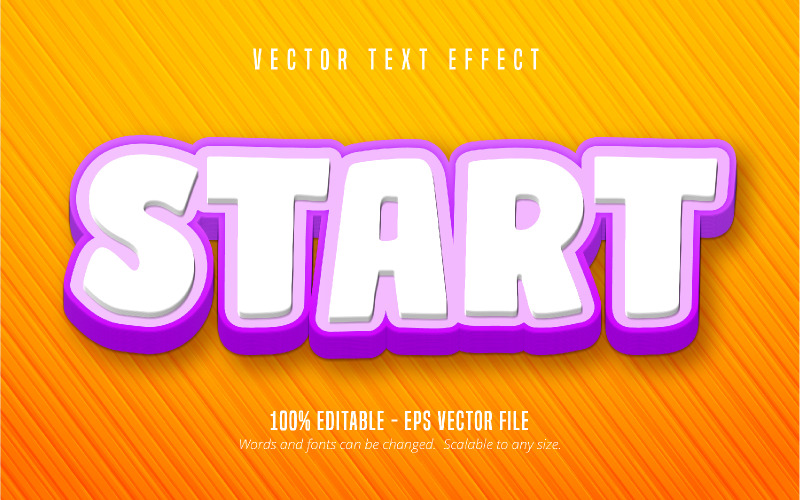 Start - bewerkbaar teksteffect, paarse en oranje kleur Cartoon tekststijl, grafische illustratie