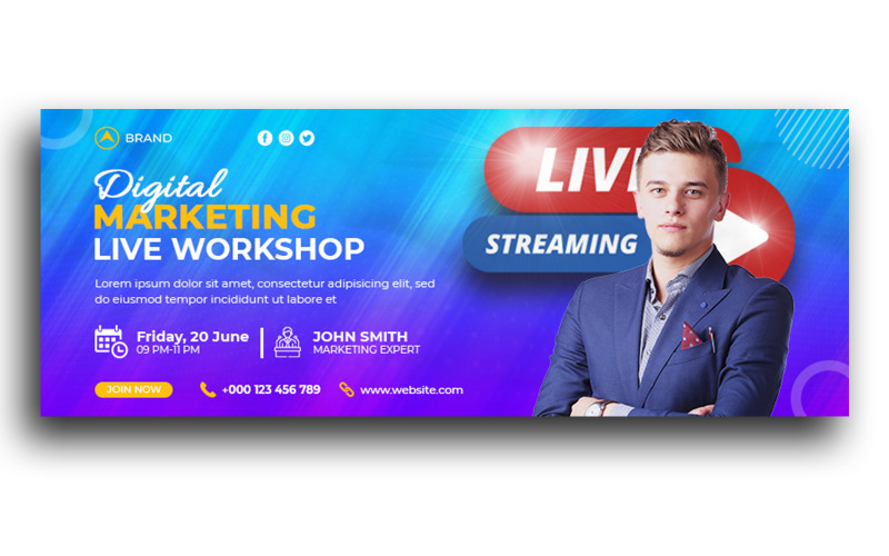 Agencja marketingu cyfrowego Live WorkShop Szablon banera internetowego na okładkę na Facebook