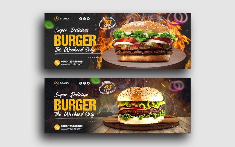 Deliciosa hamburguesa y menú de comida rápida Plantilla de banner web de portada de Facebook