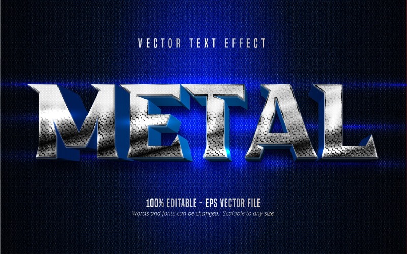 Металл - редактируемый текстовый эффект, металлический серебристый и синий мультяшный стиль текста, графическая иллюстрация