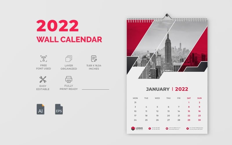 Modern Clean 2022 Wall Calendar Design Template