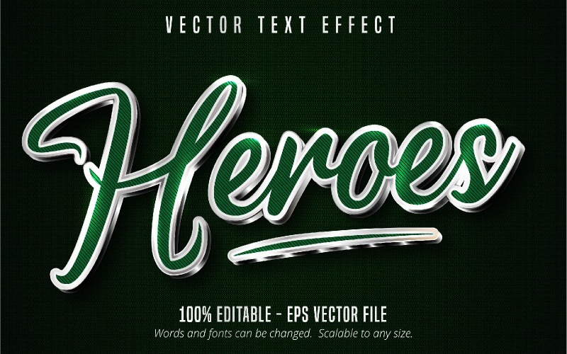 Heroes - efeito de texto editável, estilo de texto texturizado verde metálico e prata, ilustração gráfica