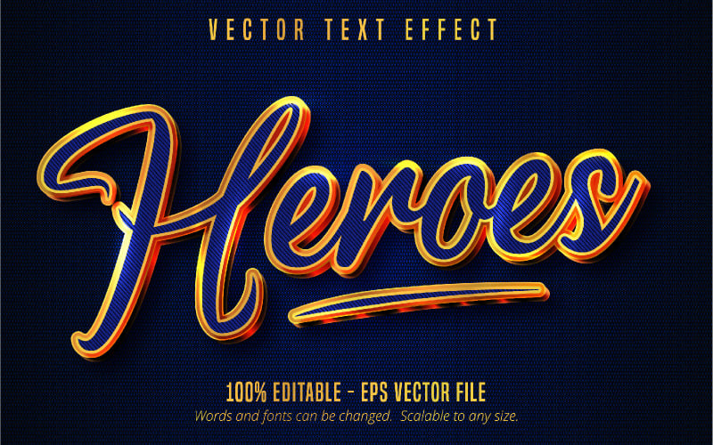Heroes - redigerbar texteffekt, metalliskt guld och blå texturerad textstil, grafikillustration