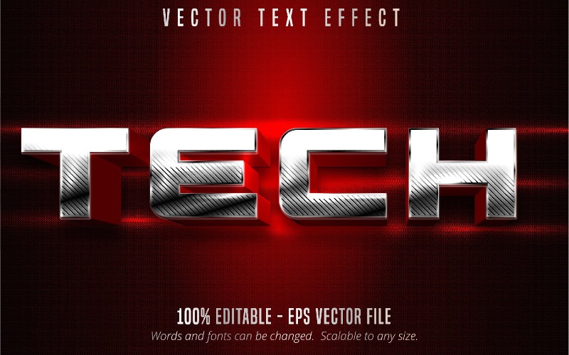 Tech - redigerbar texteffekt, metalliskt silver och röd texturerad textstil, grafikillustration