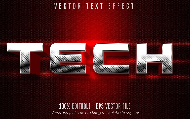 Tecnología: efecto de texto editable, estilo de texto texturizado en rojo y plateado metálico, ilustración gráfica
