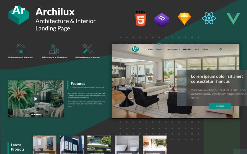 Archilux - Architect en interieur React Vue HTML-sjabloon voor bestemmingspagina's