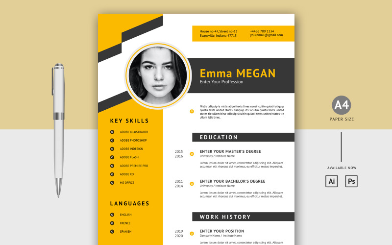 Emma Megan - modelo de currículo criativo para impressão em preto e amarelo