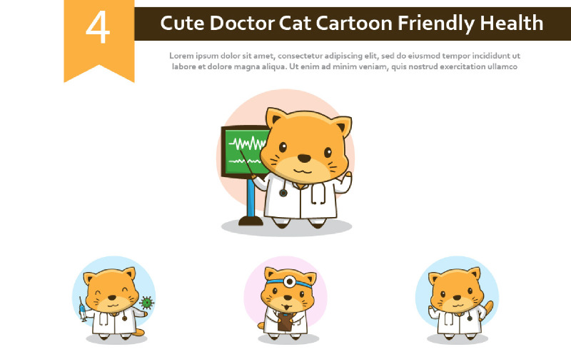 4 Söta Doctor Cat Cartoon Friendly Health