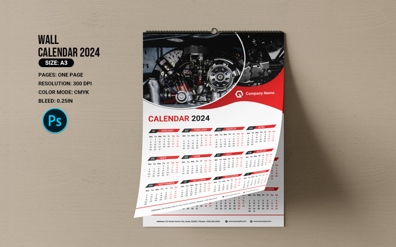 Wandkalender met één pagina 2024. Photoshop-sjabloon