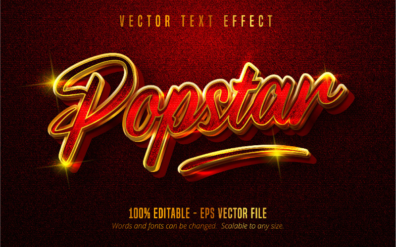 Popstar - bewerkbaar teksteffect, rode en metallic gouden tekststijl, grafische illustratie