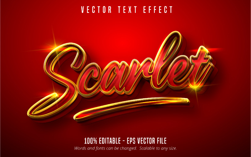 Scarlet - redigerbar texteffekt, röd färg och glänsande guldtextstil, grafikillustration