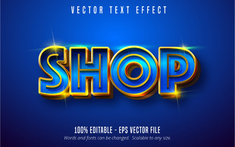 Shop - Editable Text Effect, Shiny Metallic Gold And Blue Text Style, Graphics Illustration
