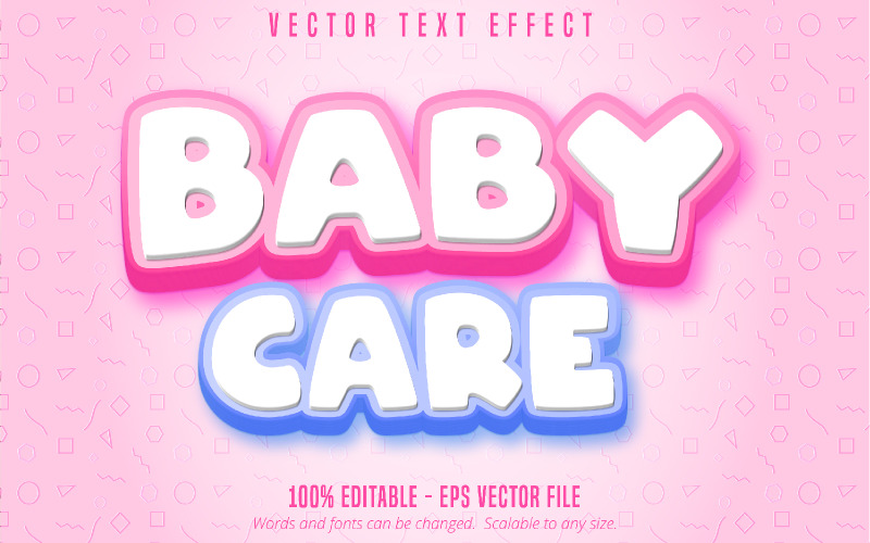 Cuidados com o bebê - Efeito de texto editável, estilo de texto de desenho animado, ilustração gráfica