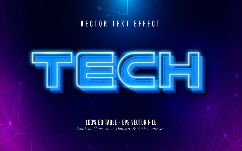 Tecnologia - efeito de texto editável, estilo de texto brilhante em néon brilhante, ilustração gráfica