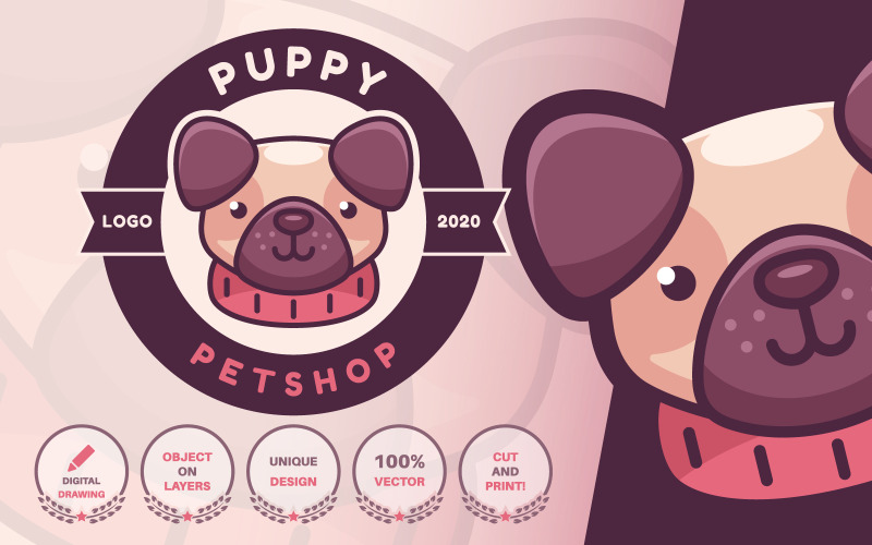Carlin de chien d'animal de personnage de dessin animé - logotype, graphiques de modèle de logo