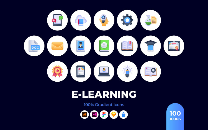 100 e-learning vektor ikoner
