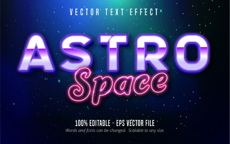 Astro Space - redigerbar texteffekt, glänsande glödande neontextstil, grafikillustration