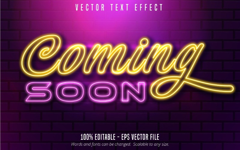Binnenkort beschikbaar - bewerkbaar teksteffect, glanzende gloeiende neon-tekststijl, grafische illustratie