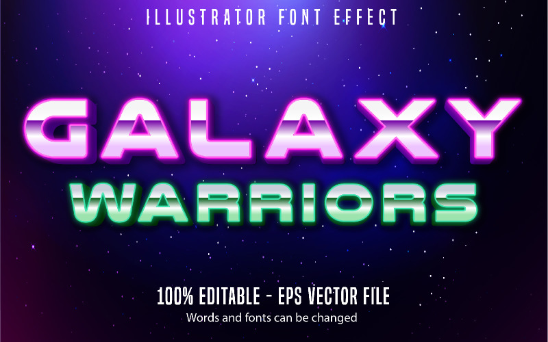 Galaxy Warriors - редактируемый текстовый эффект, неоновый и мультяшный стиль текста, графическая иллюстрация