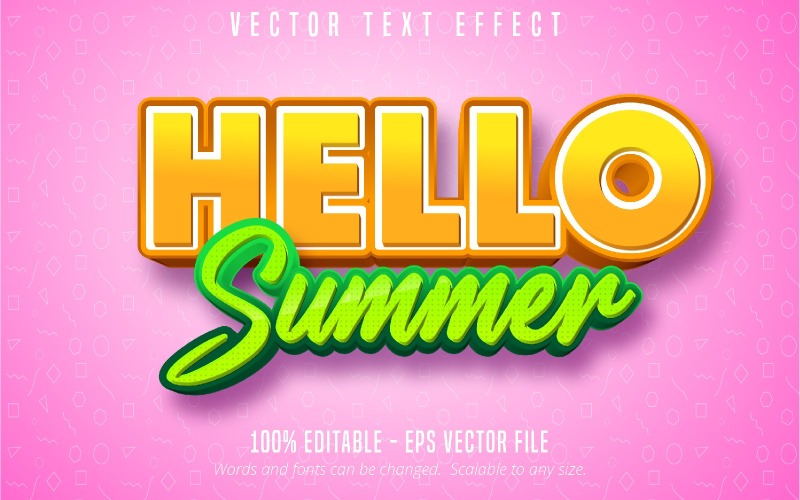 Hallo Sommer - bearbeitbarer Texteffekt, gelber Comic- und Cartoon-Textstil, grafische Illustration