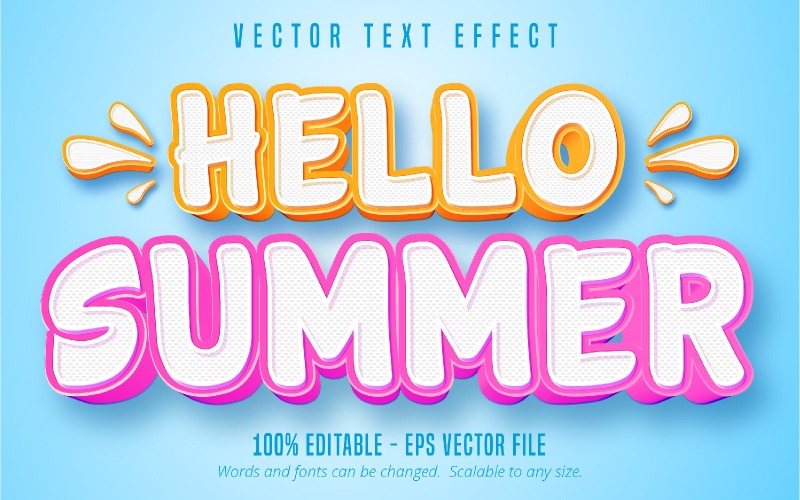 Hello Summer - Efeito de texto editável, estilo de texto de banda desenhada suave e desenho animado, ilustração gráfica