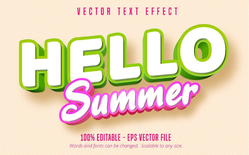 Hola verano: efecto de texto editable, estilo de texto de cómic y dibujos animados, ilustración gráfica