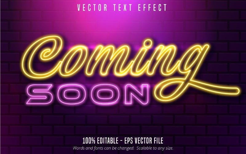 Již brzy - upravitelný textový efekt, lesklý neonový styl textu, grafická ilustrace
