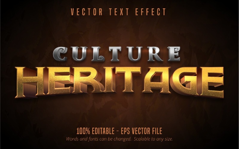 Kulturális Örökség – Szerkeszthető szöveghatás, fényes arany és ezüst szövegstílus, grafikai illusztráció