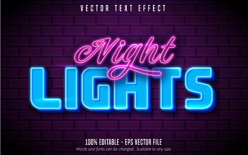 Lampki nocne — edytowalny efekt tekstowy, błyszczący neonowy styl tekstu, ilustracja graficzna