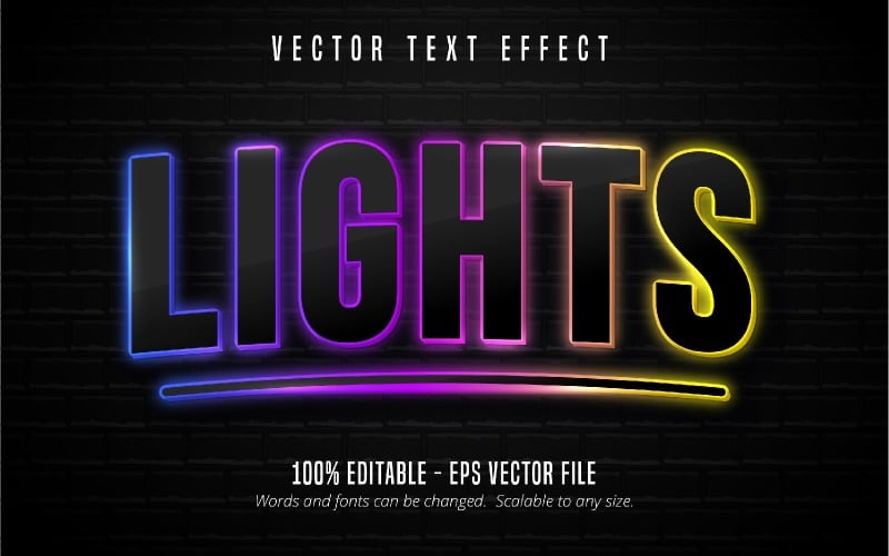 Lichten - bewerkbaar teksteffect, kleurrijke neon gloeiende tekststijl, grafische illustratie