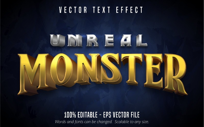 Unreal Monster - Szerkeszthető szövegeffektus, fényes arany és ezüst szövegstílus, grafikus illusztráció