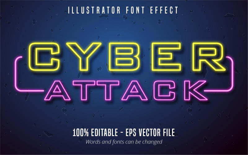 Cyber Attack - Effetto di testo modificabile, stile di testo incandescente al neon, illustrazione grafica