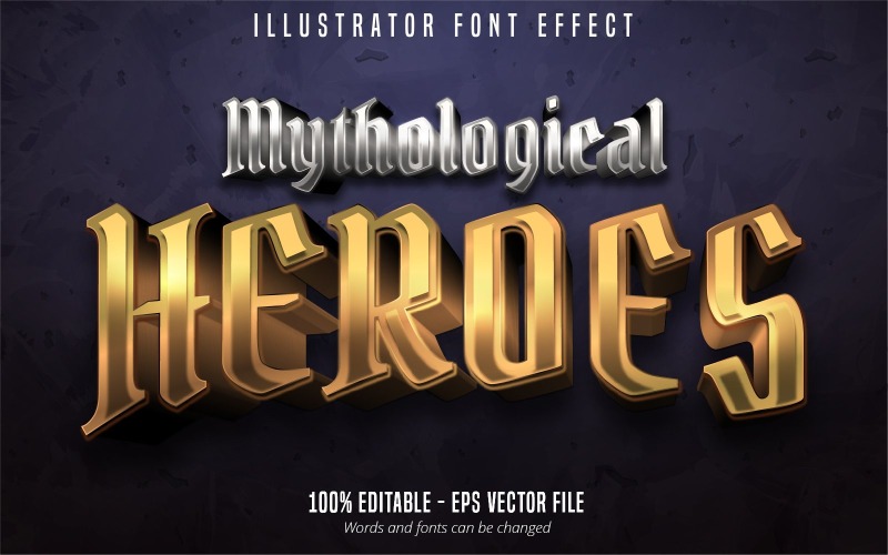 Heróis mitológicos - efeito de texto editável, estilo de texto dourado e prateado, ilustração gráfica