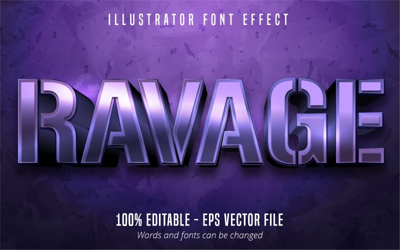 Ravage - bewerkbaar teksteffect, tekststijl paars metallic zilver, grafische illustratie