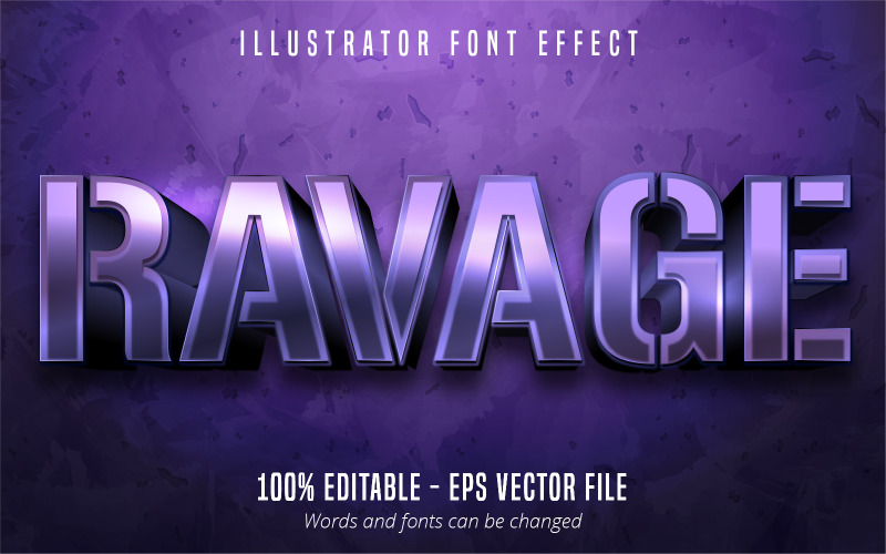 Ravage - Szerkeszthető szövegeffektus, lila metál ezüst szövegstílus, grafikus illusztráció