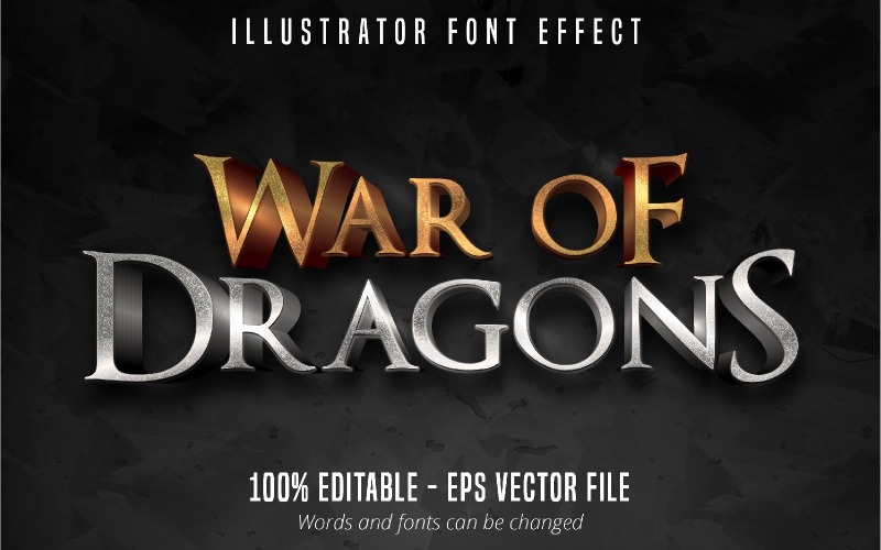 War of Dragons – szerkeszthető szöveghatás, arany és ezüst szövegstílus, grafikus illusztráció