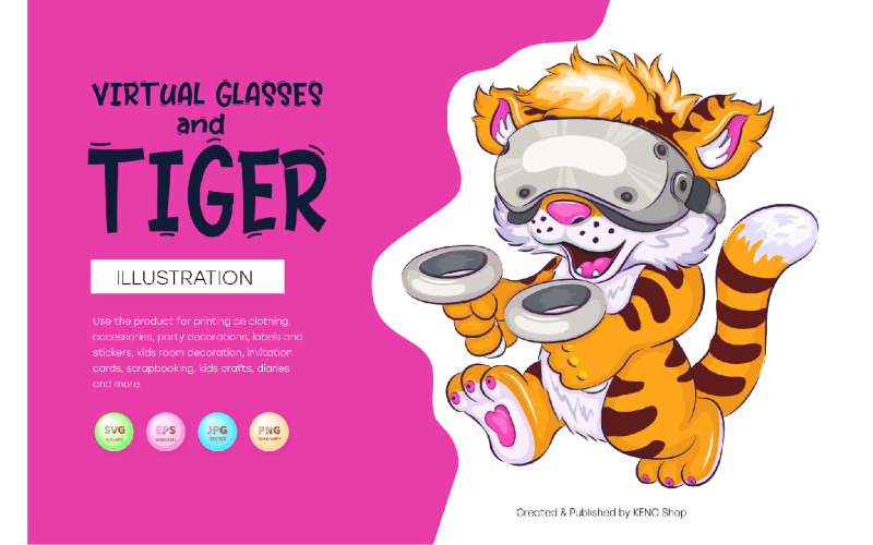 Kreskówka tygrys i wirtualne okulary.