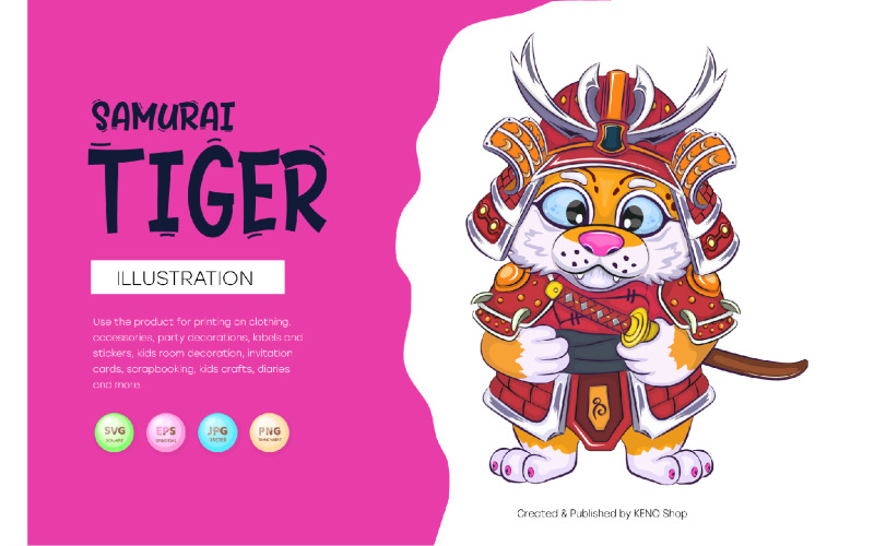 Kreslený samurajský tygr, tričko, PNG, SVG.