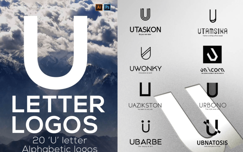 20 logotipos alfabéticos con letras U